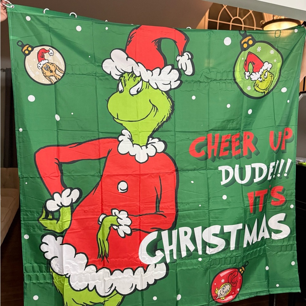 Festive Green Grinch Holiday shower curtain